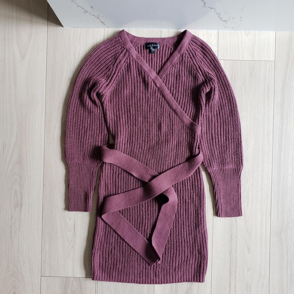 Wrap Sweater Womens M Purple Long Sleeve Belted Open Front Knit Fall Cardigan